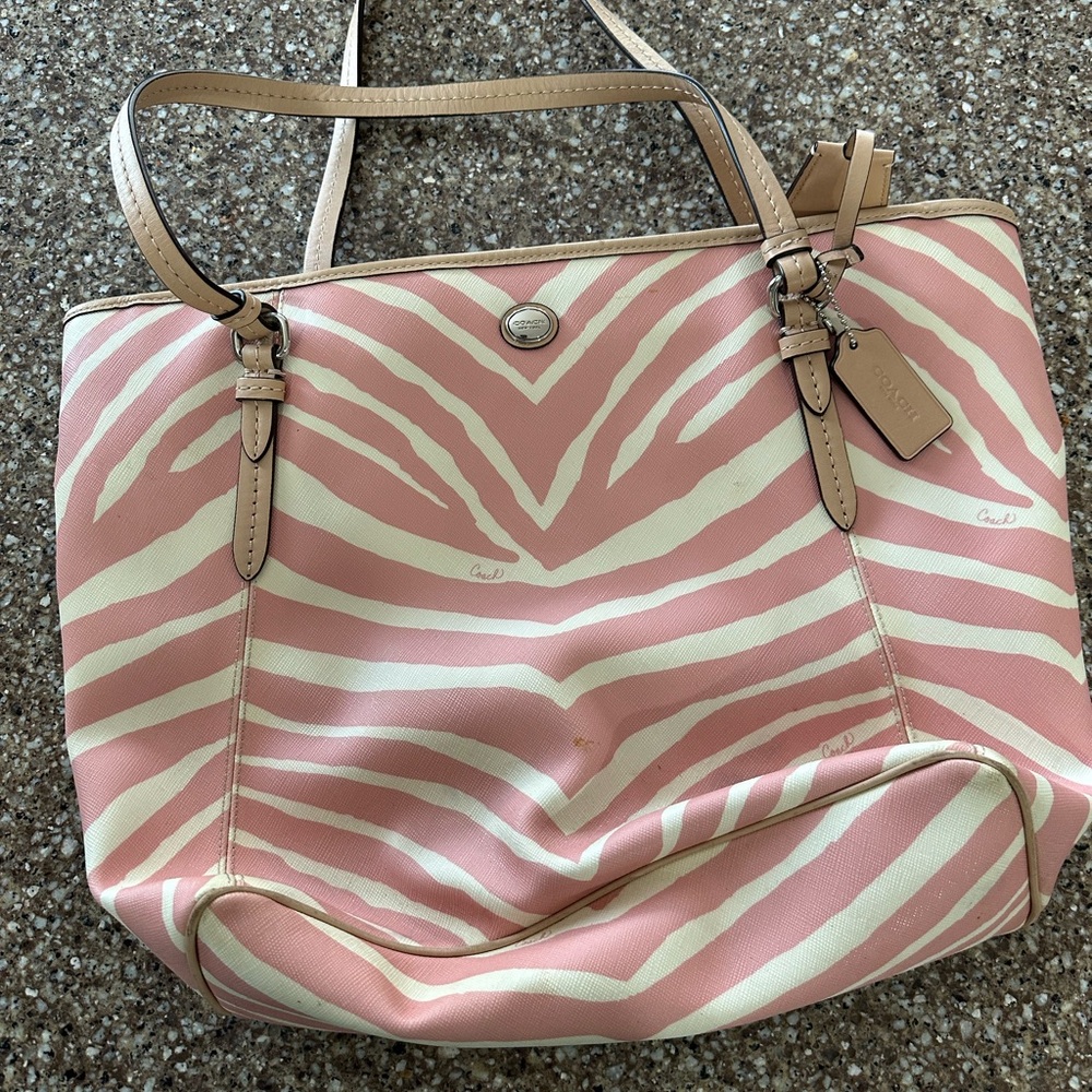 Coach Pink and Cream Zebra Print Tote Bag